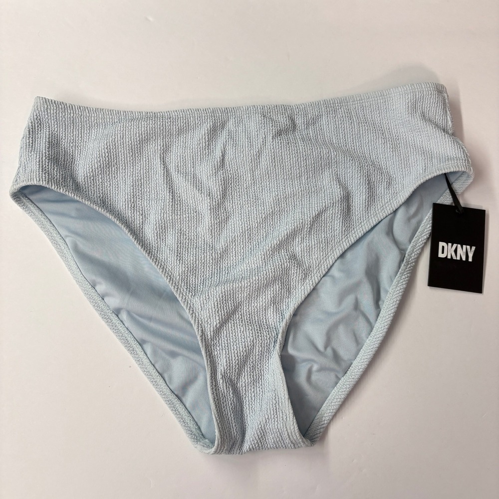 NWT DKNY Women Bikini Bottom XXL Blue High Waist Smocked Textured Swimwear Pool